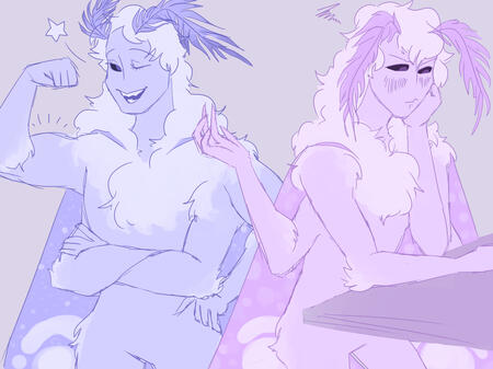 art of two moth boys, the one on the left periwinkle and the one on the right lavender